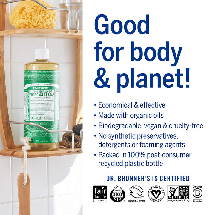 Dr. Bronnerââ‚¬â„¢s - Pure-Castile Liquid Soap (Almond, 1 Gallon) - Made with Organic Oils, 18-in-1 Uses: Face, Body, Hair, Laundry, Pets and Dishes, Concentrated, Vegan, Non-GMO