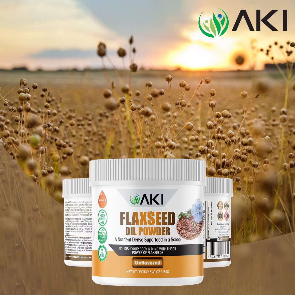 AKI Flaxseed Oil Powder - Packed with Essential Nutrients Like Omega-3 Fatty acids, Fiber, & Lignans - Free from Artificial Additives, Made with Ideal Quality Ingredients (5.30oz/150g)