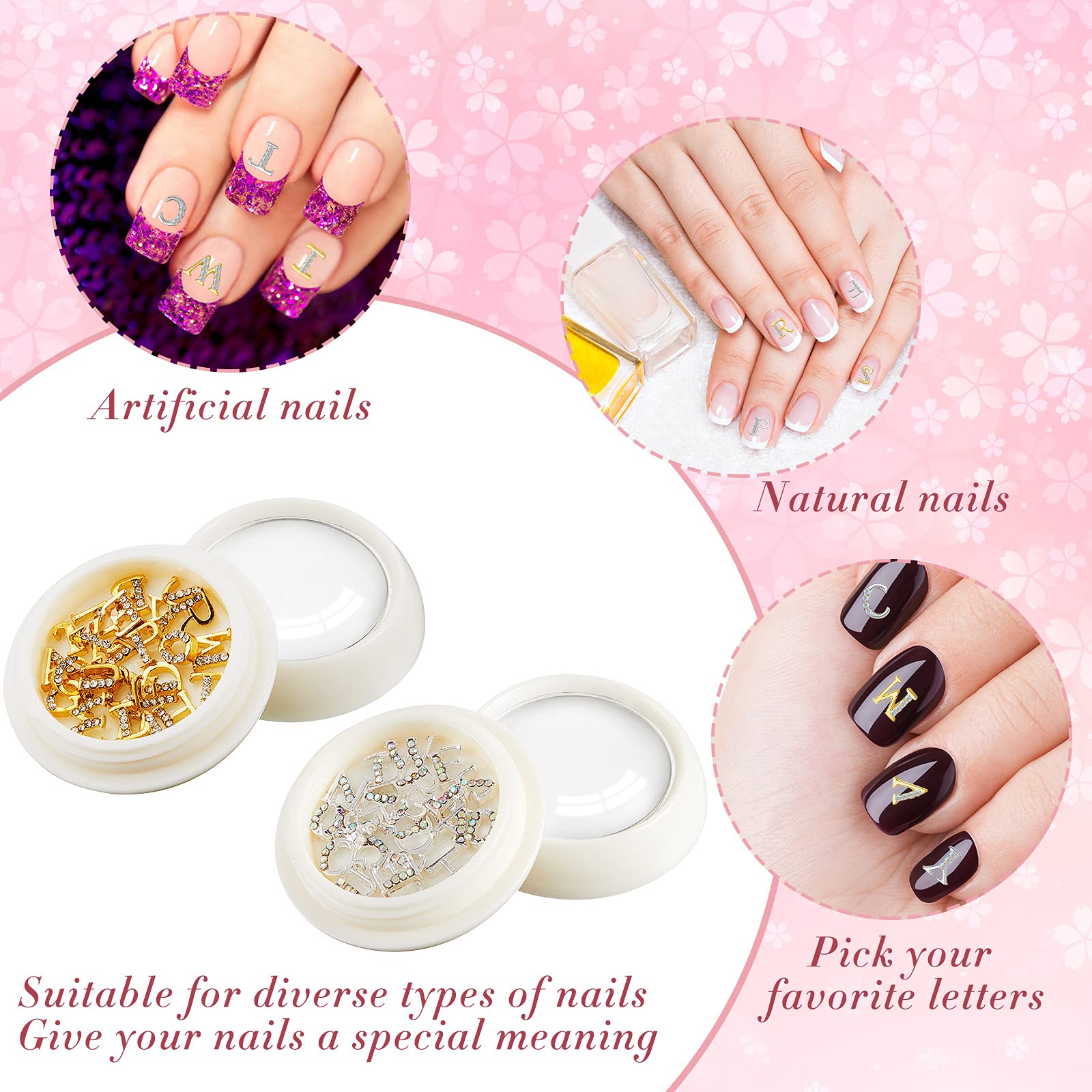 104 Pieces Letter Nail Studs 3D Capital Letters and Rhinestone Crystal Nail Decals English Alphabet Nail Art Decoration for Women Girls DIY Nail Art (Gold, Silver)