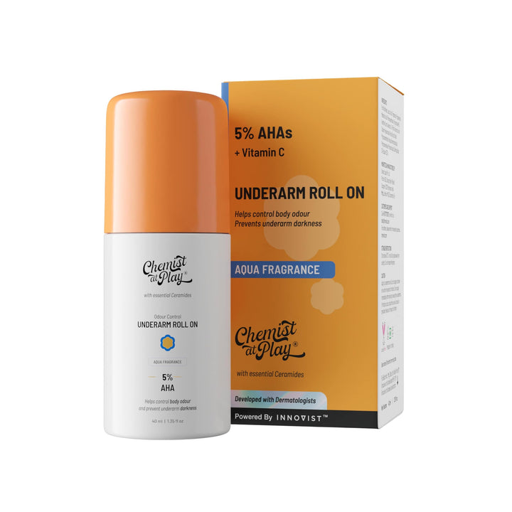 Chemist at Play UnderArm Roll-On with 5% AHA| Lactic & Mandelic Acid|Prevents Odour, Brightens Skin & Exfoliates Underarm | For Sensitive Skin | Aqua Fragrance | Alcohol & Aluminium Free | 1.35 fl oz