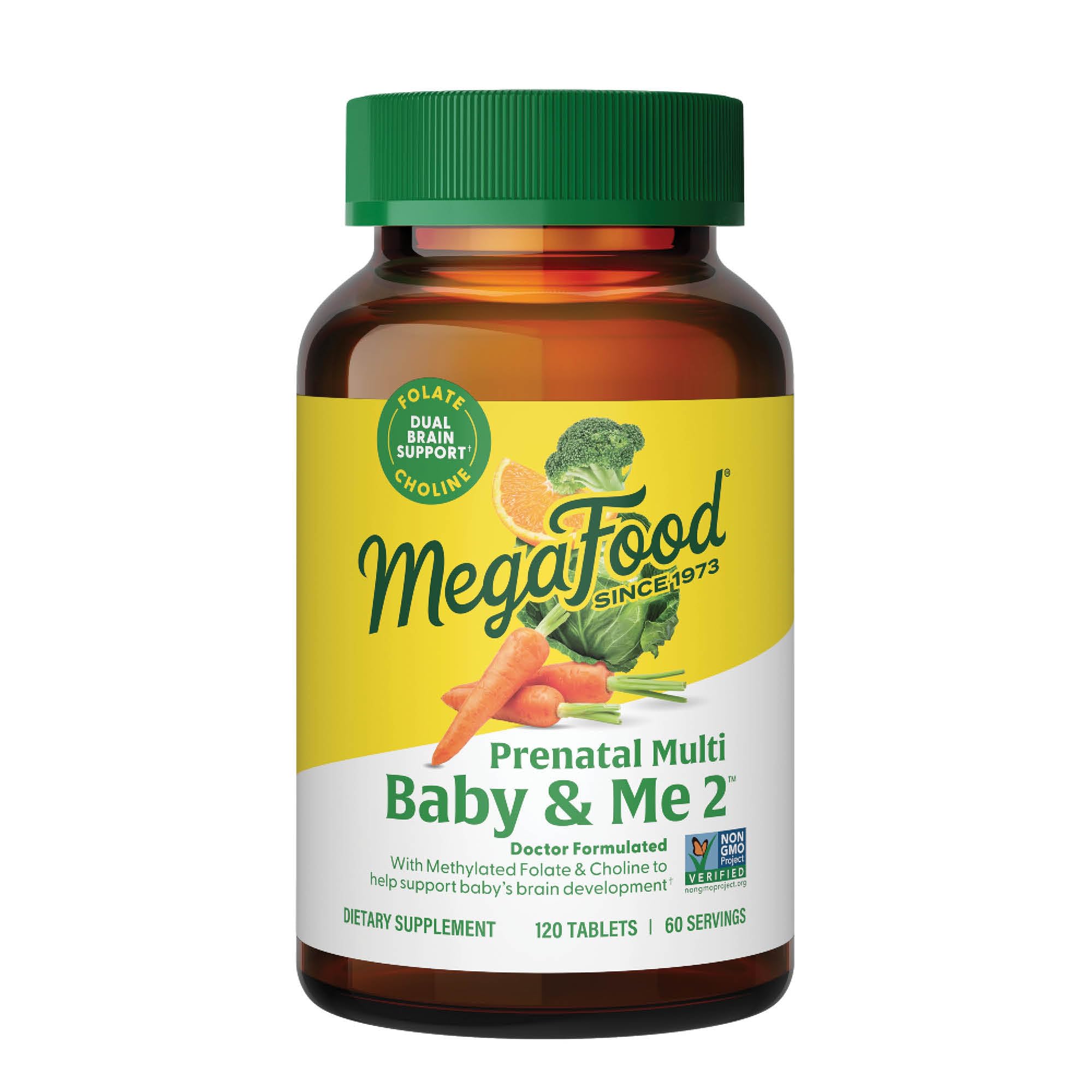 MegaFood Baby & Me 2 Prenatal Vitamins - Postnatal and Prenatal Multivitamin for Women with Biotin, Folic Acid, Choline, and More - Non-GMO - 120 Tablets