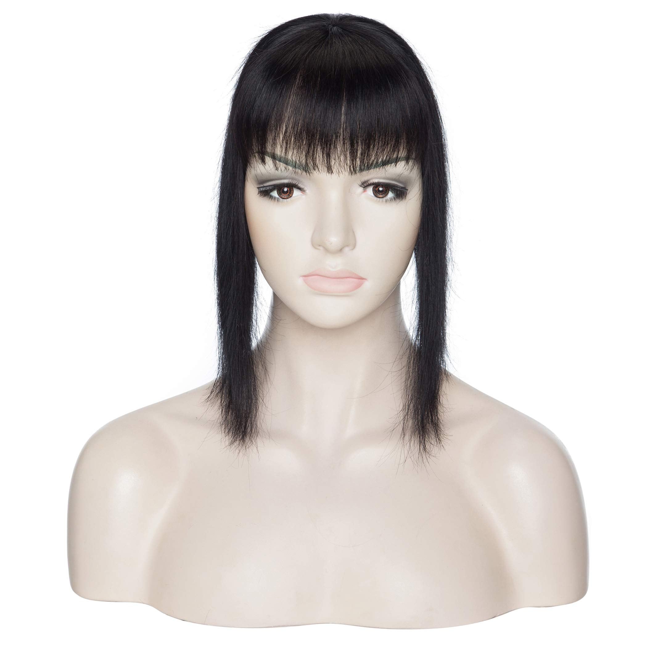 S-noilite Clip In Mono Topper with Bangs 100% Real Human Hair Crown Toppers with Wispy Bangs 12 Inch 35g Jet Black Top Hairpiece For Women with Thinning Hair/Gray Hair/Short Hair/Hair Loss #1