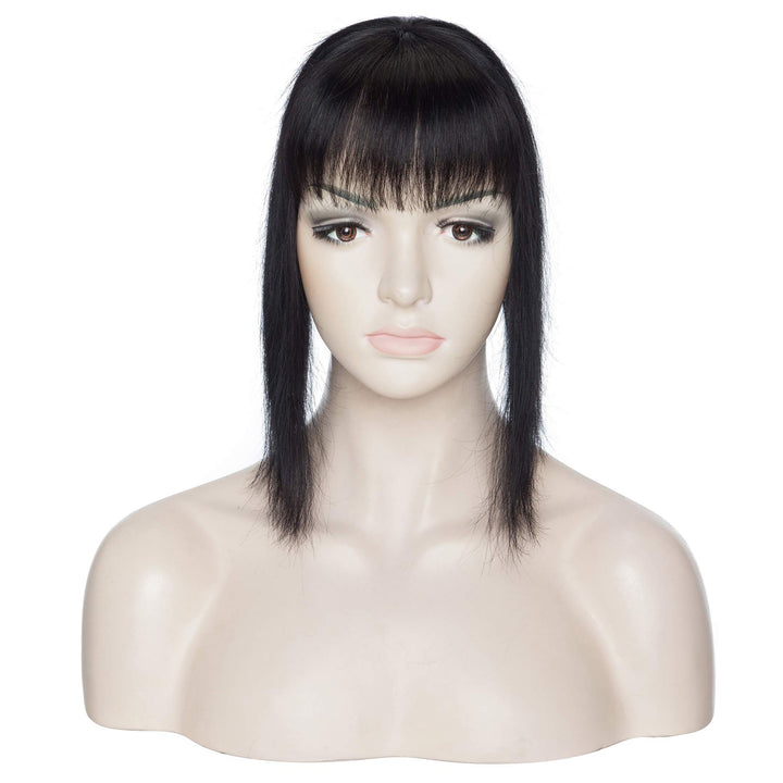 S-noilite Clip In Mono Topper with Bangs 100% Real Human Hair Crown Toppers with Wispy Bangs 12 Inch 35g Jet Black Top Hairpiece For Women with Thinning Hair/Gray Hair/Short Hair/Hair Loss #1