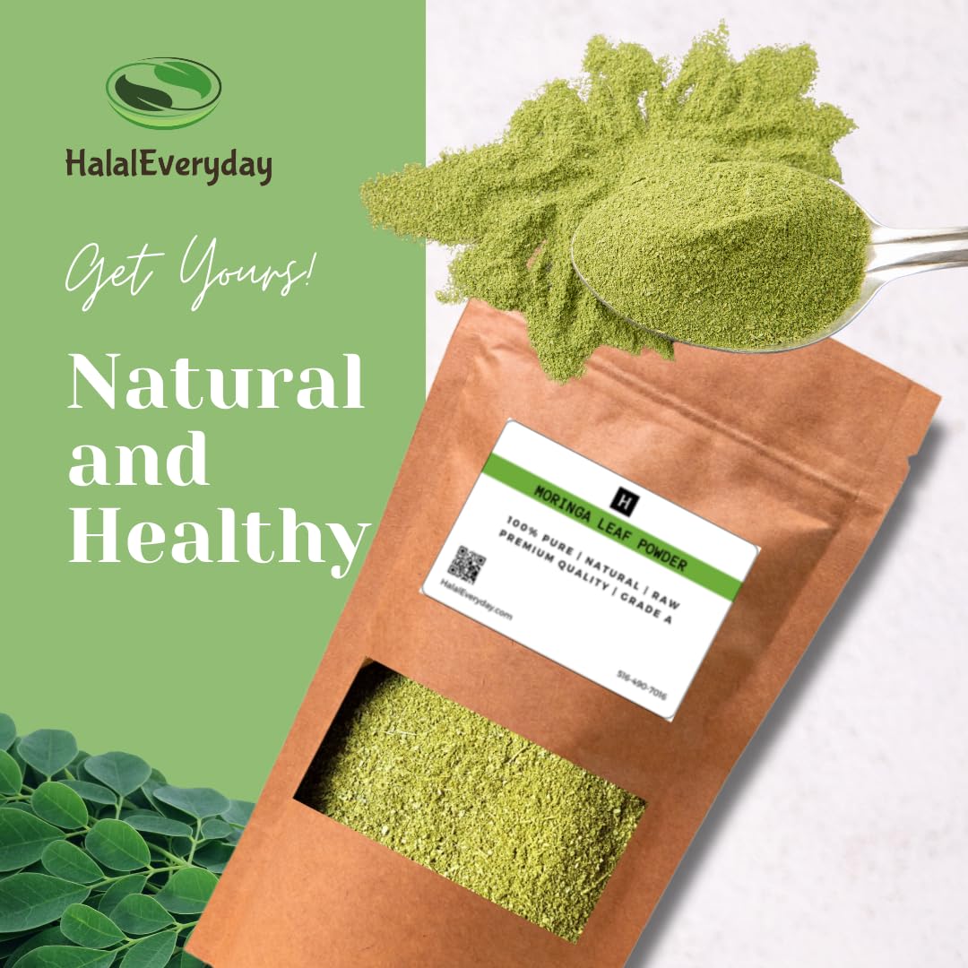 Halal Everyday Moringa Leaf Powder, 100% Pure Vegan Supplement, Energy Booster, Ingredient for Multi-Vitamin Smoothies, 1lb / 16oz Bag