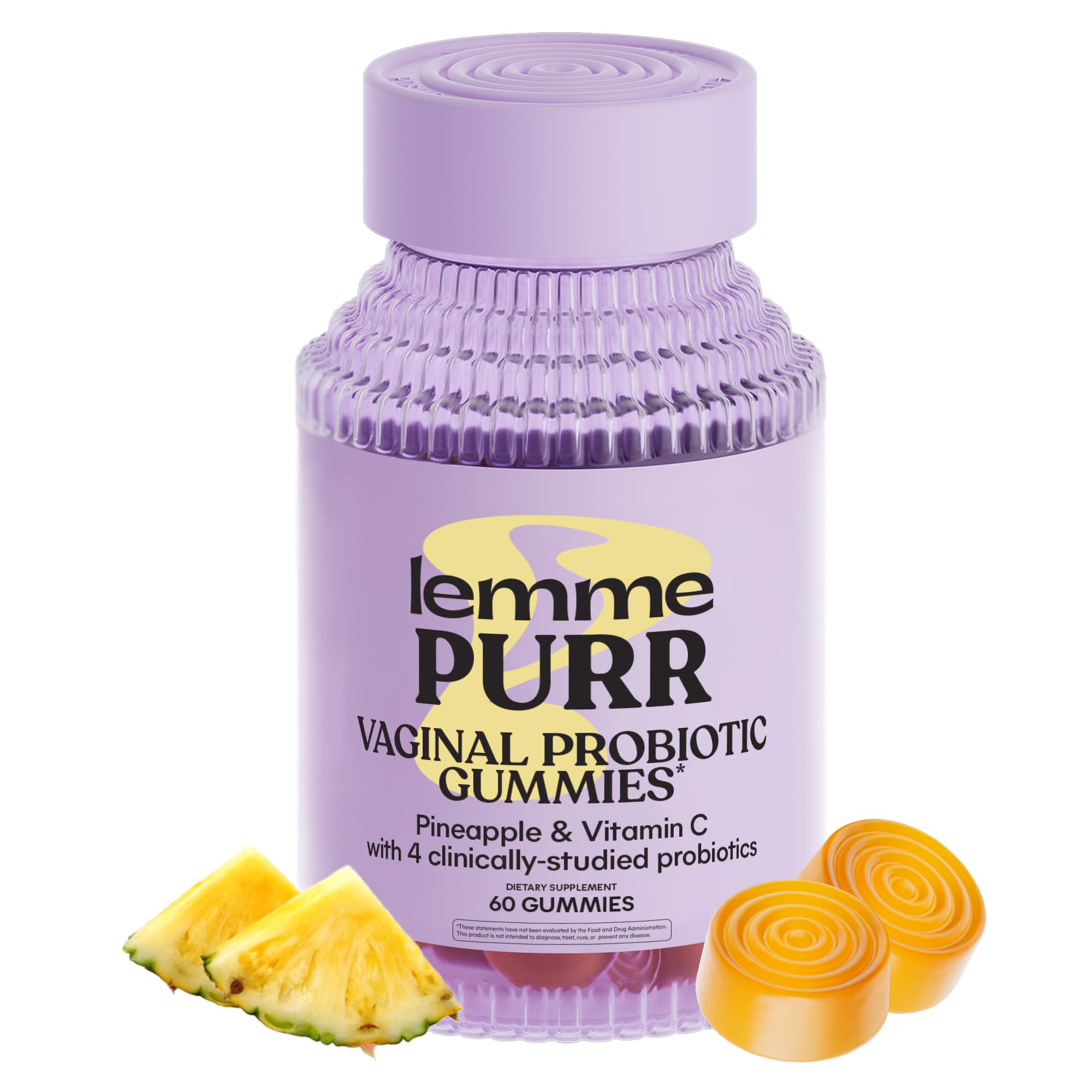 Lemme Purr Vaginal Probiotic Gummies for Women - Balanced pH, Healthy Odor, Yeast Balance & Flora Support + Vitamin C for Immune Health - Tasty Pineapple (60 Count)