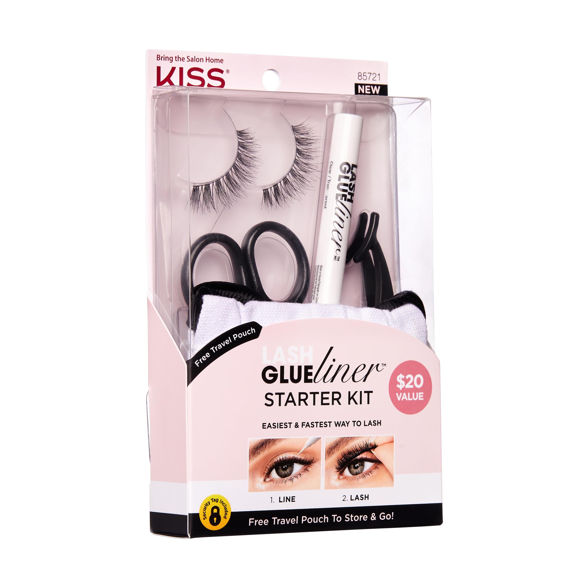 KISS Lash GLUEliner Starter Kit, Felt-Tip Eyelash Adhesive, Clear Matte Finish, Foolproof Application, Includes GLUEliner (0.5mL), Applicator, Scissors, Travel Pouch, & 1 Pair of Fake Eyelashes