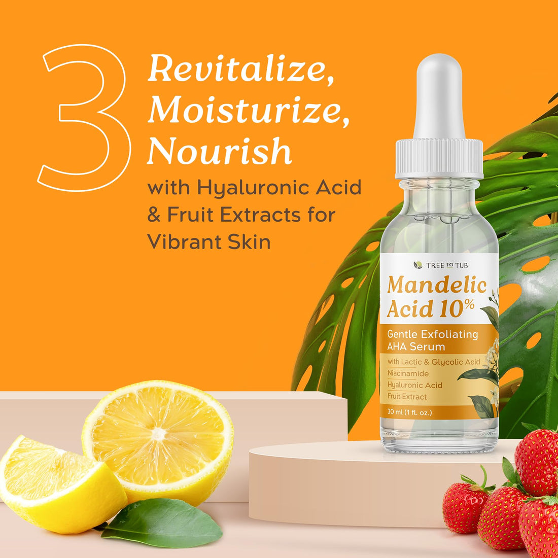 Tree To Tub Mandelic Acid Serum - 10% Gentle Exfoliating AHA Serum - Mandelic Serum w/Lactic & Glycolic Acid for Smoother Skin - Hyaluronic Acid to Hydrate - Vegan Skincare for Men & Women