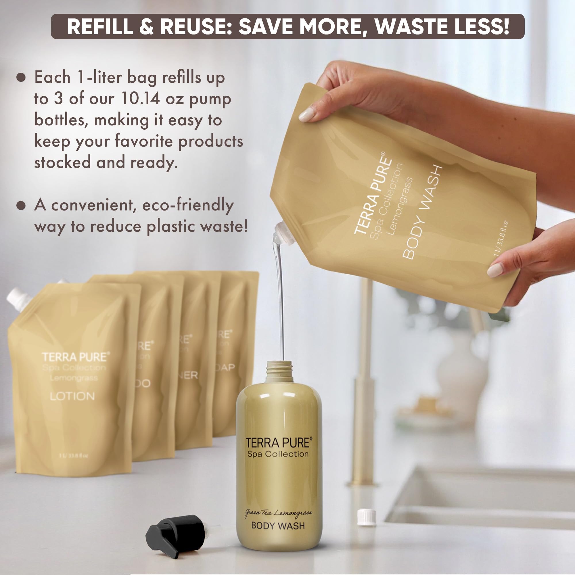 Terra Pure Spa Collection 1 Liter Body Wash Refill Bag For Soap Dispensers | Bulk Toiletries for Vacation Rentals, and Home Bathroom Showers | Green Tea Lemongrass | Single
