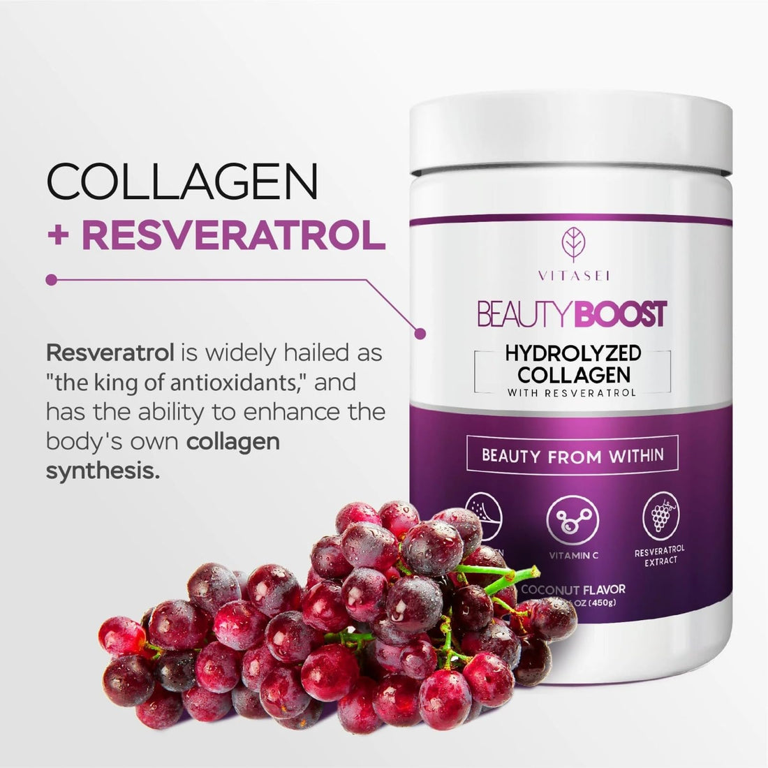 VITASEI Hydrolyzed Collagen Peptides Powder with Vitamin C & Resveratrol - Hair, Skin and Nails Vitamins for Women & Men - Bone and Joint Supplement - Coconut Flavored - 16 oz