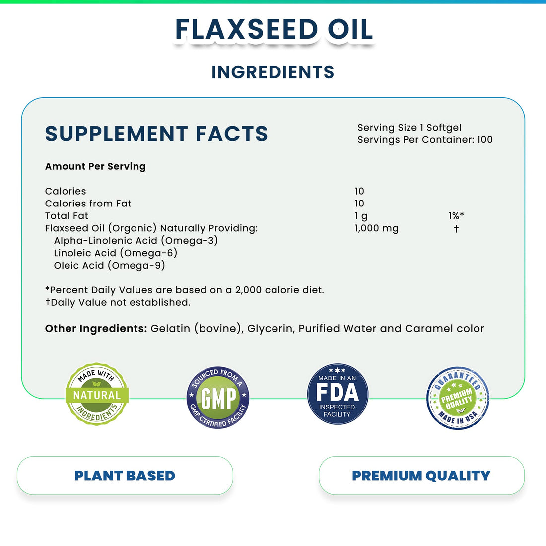 Organic Flaxseed Oil 1,000 mg Omega-3, Immune System Booster with Omega 3,6,9 from Natural ALA, Supports Healthy Hair, Skin and Nails, 100 Rich Liquid Softgels Per Bottle