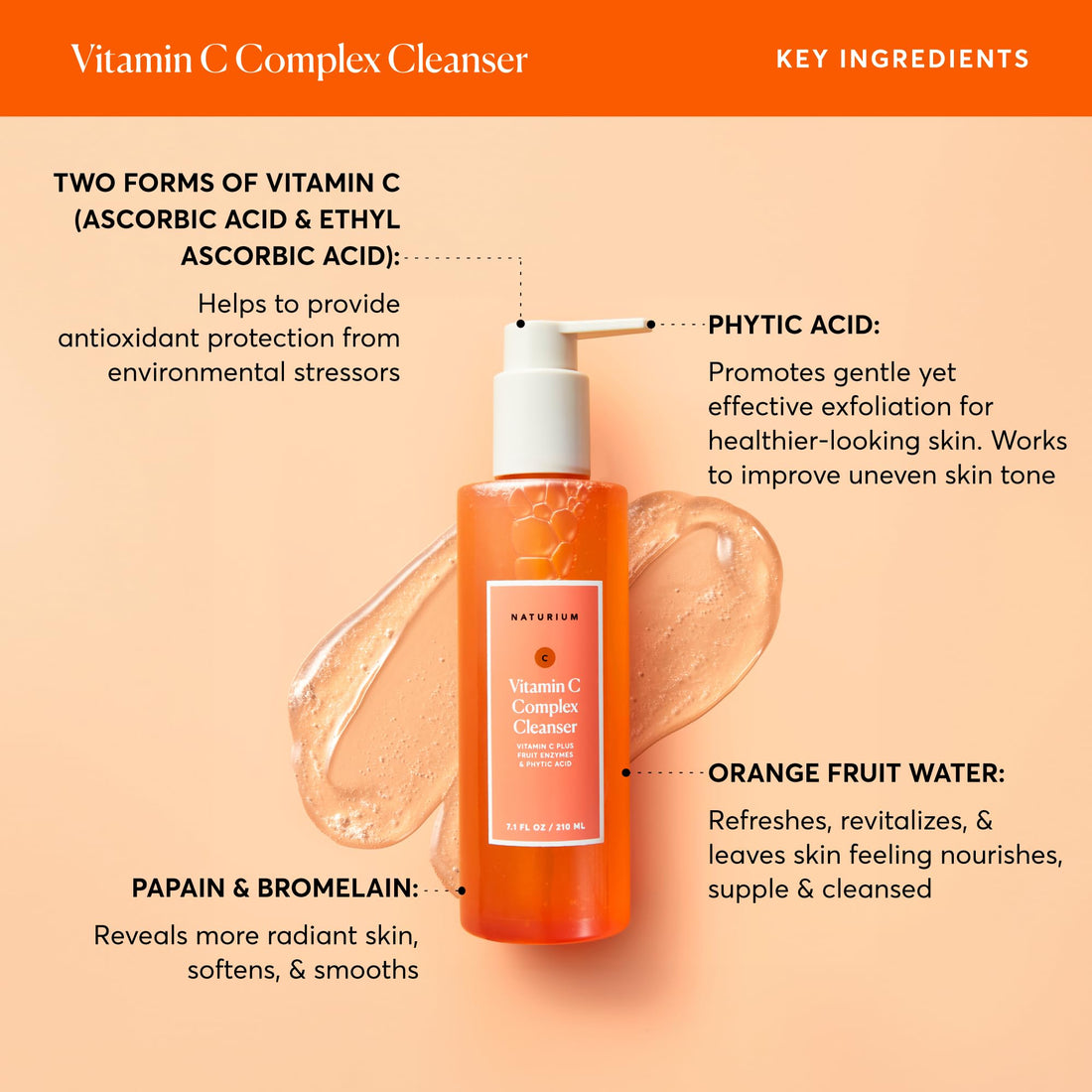 Naturium Vitamin C Complex Cleanser, Gently Exfoliating & Deeply Cleansing Foaming Face Wash Gel with Phytic Acid & Fruit Enzymes, 7.1 oz