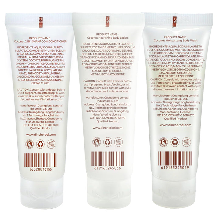 Travel Size Toiletries Kits, Bulk Mini Hotel Guest Amenities (Tropical Coconut, 1oz each), 3-Piece Sets Refreshing Coconut Scent - 50 Shampoo & Conditioner 2 in 1, 50 Body Wash and 50 Body Lotion