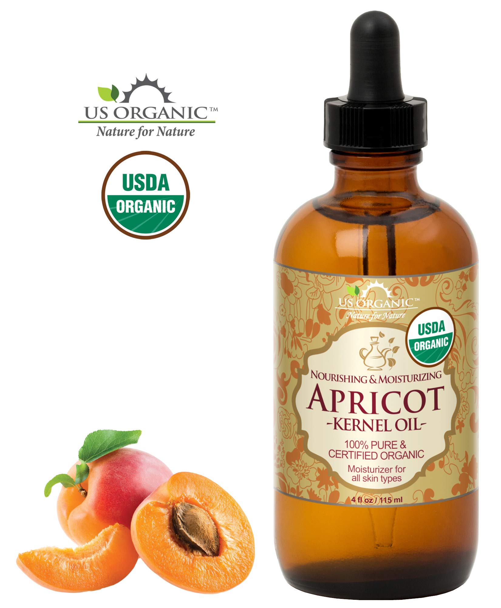 US Organic Apricot Kernel Oil, USDA Certified Organic,100% Pure & Natural, Cold Pressed Virgin, Unrefined in Amber Glass Bottle w/ Glass Eyedropper for Easy Application (4 oz (115 ml))