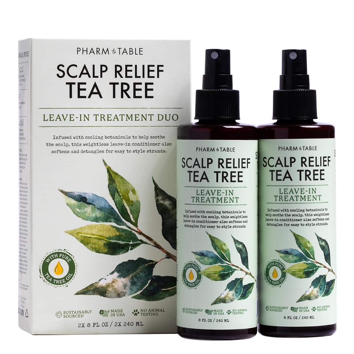 PHARM TO TABLE Scalp Relief Tea Tree Leave-In Conditioner, Relieve Itchy, Dry Scalp, Detangles Hair, 240ml/8 fl oz, 2-Pack