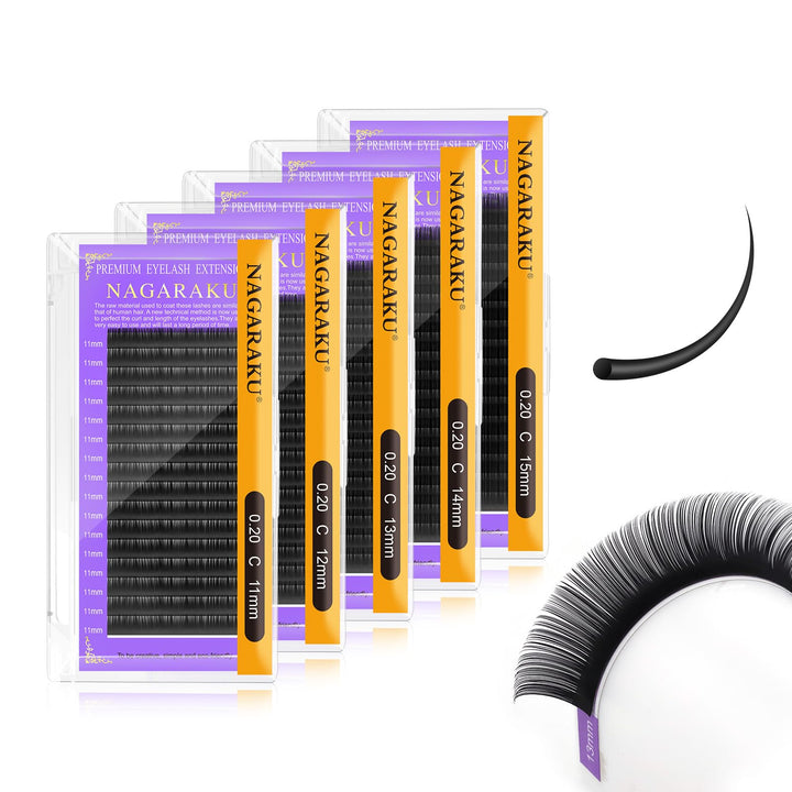 NAGARAKU 5 Trays Eyelash Extensions Individual Lashes 0.20mm C curl 11/12/13/14/15mm in 1 pack Classic Matte Black Natural Professional Faux Mink 16 rows