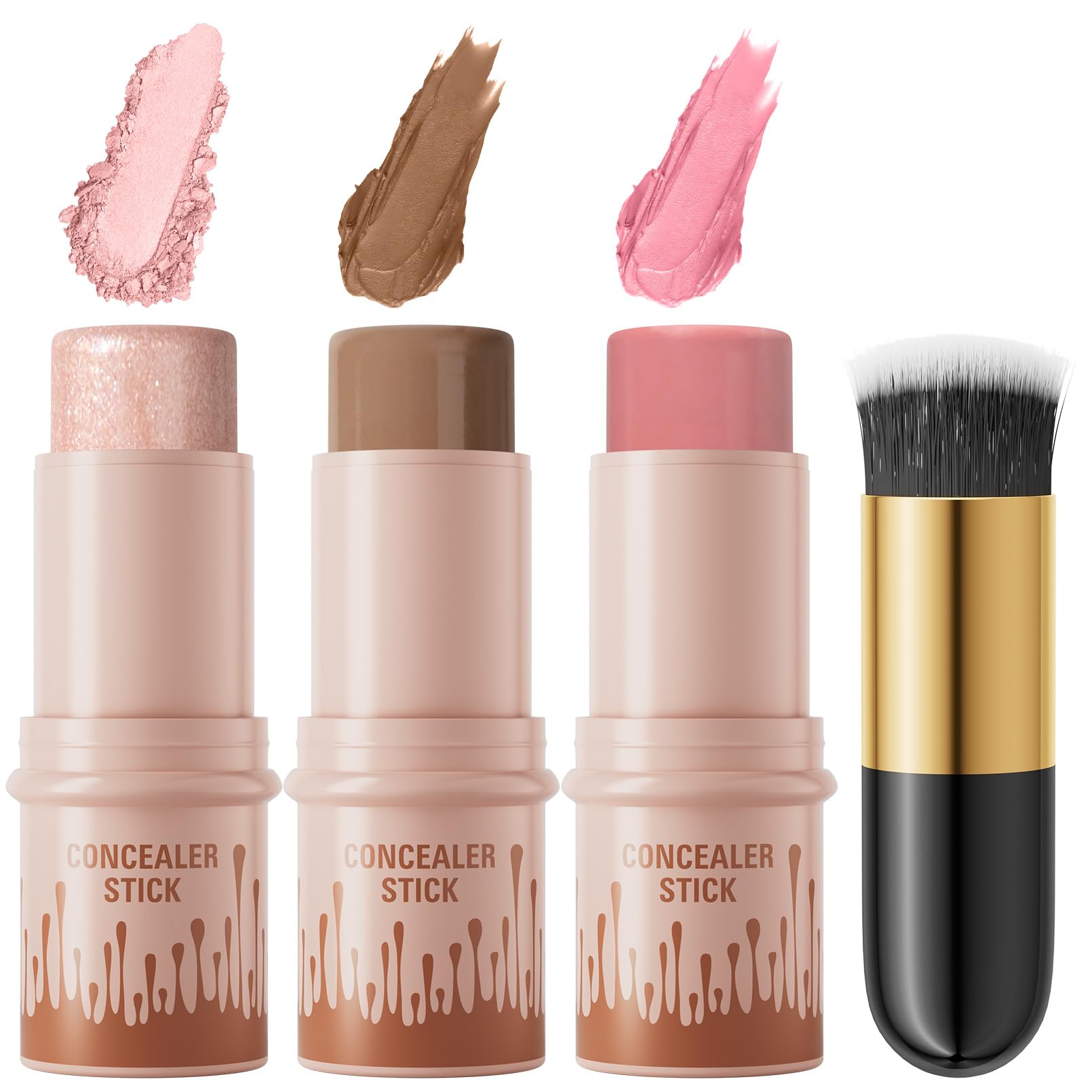 3Pcs Cream Contour Sticks Kit, Highlighter Stick Blush Stick Cream Contour Kit Makeup Set with Brush,Face Brightens & Shades Contour Stick Waterproof for Women Girls(9507-02-08-10, A)