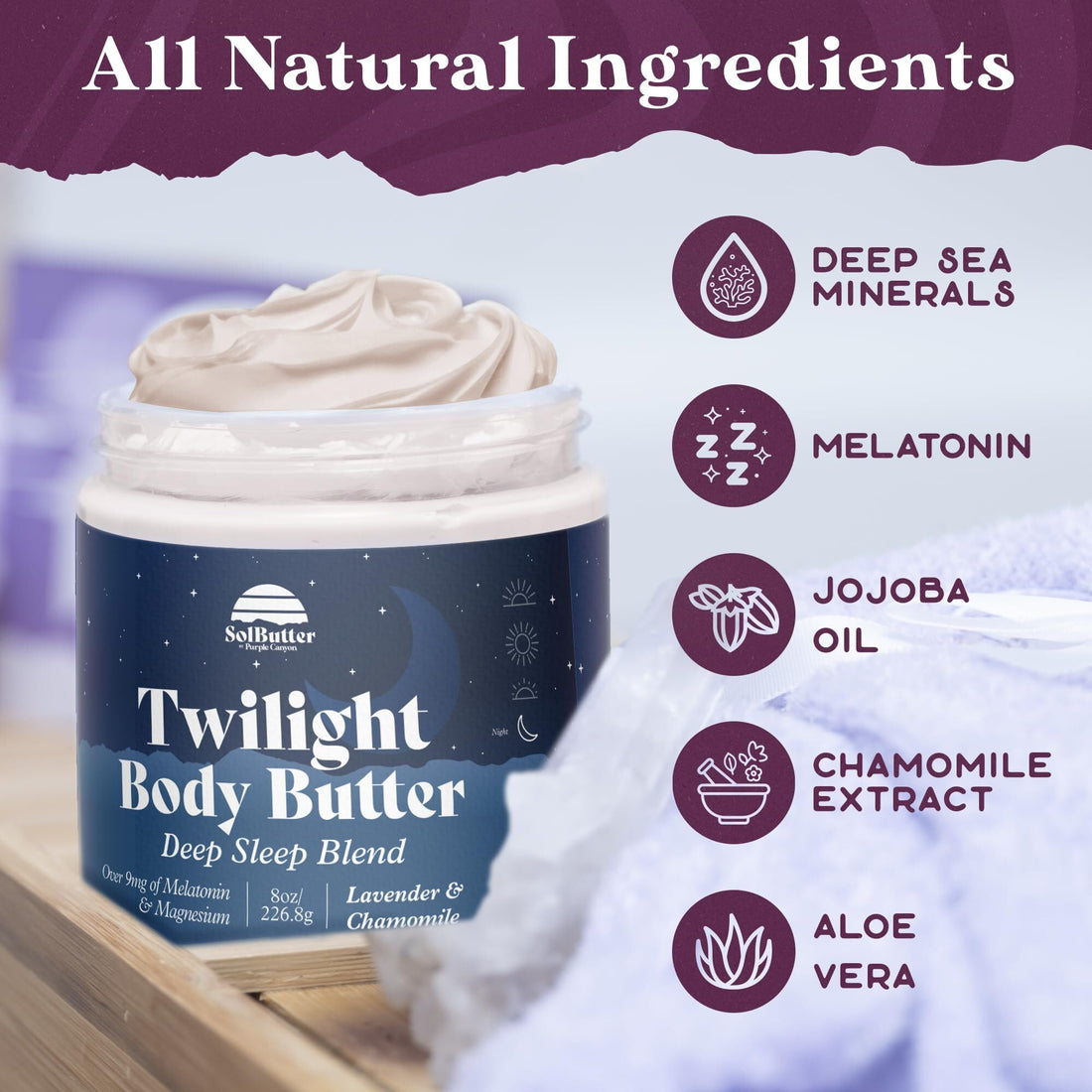 PURPLE CANYON Twilight Deep Sleep Whipped Body Butter 8oz | Lavender Chamomile Night Cream with Magnesium & Melatonin | Hydrating Body Lotion for Skin Care