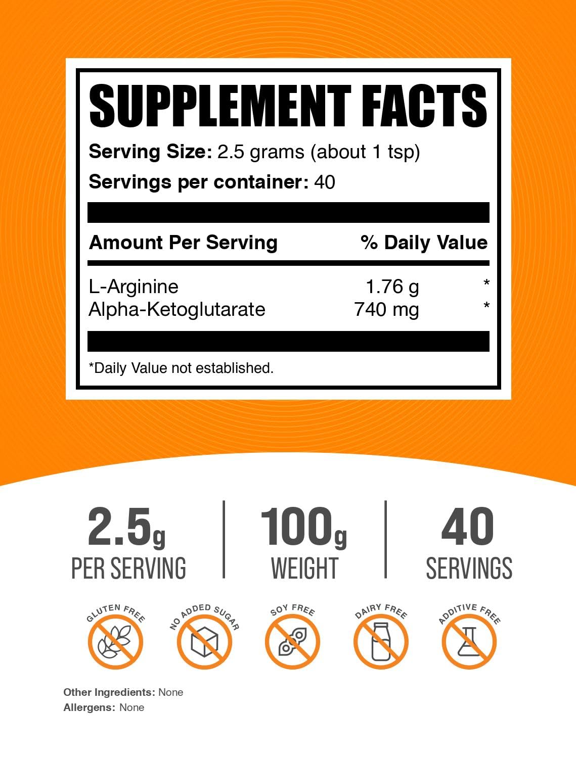 BulkSupplements.com AAKG Powder - Arginine Alpha-Ketoglutarate, AKG Supplement - Arginine Supplement, Unflavored & Gluten Free, 2500mg per Serving, 100g (3.5 oz) (Pack of 1)