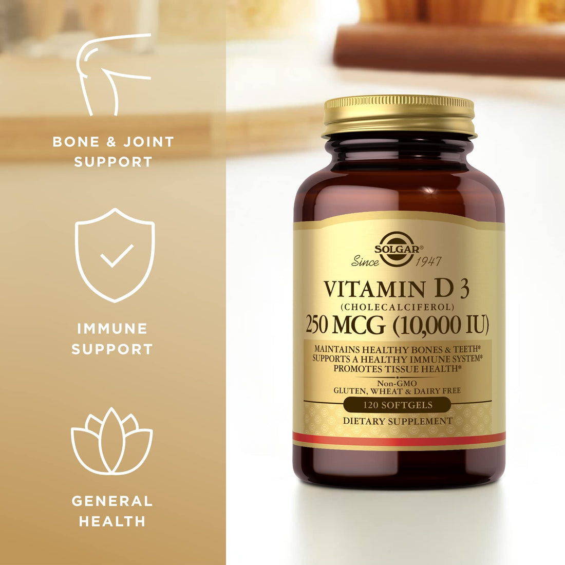 Solgar Vitamin D3 (Cholecalciferol) 250 MCG (10,000 IU), 120 Softgels - 3 Pack - Helps Maintain Healthy Bones & Teeth - Immune System Support - Non-GMO, Gluten Free, Dairy Free - 360 Total Servings