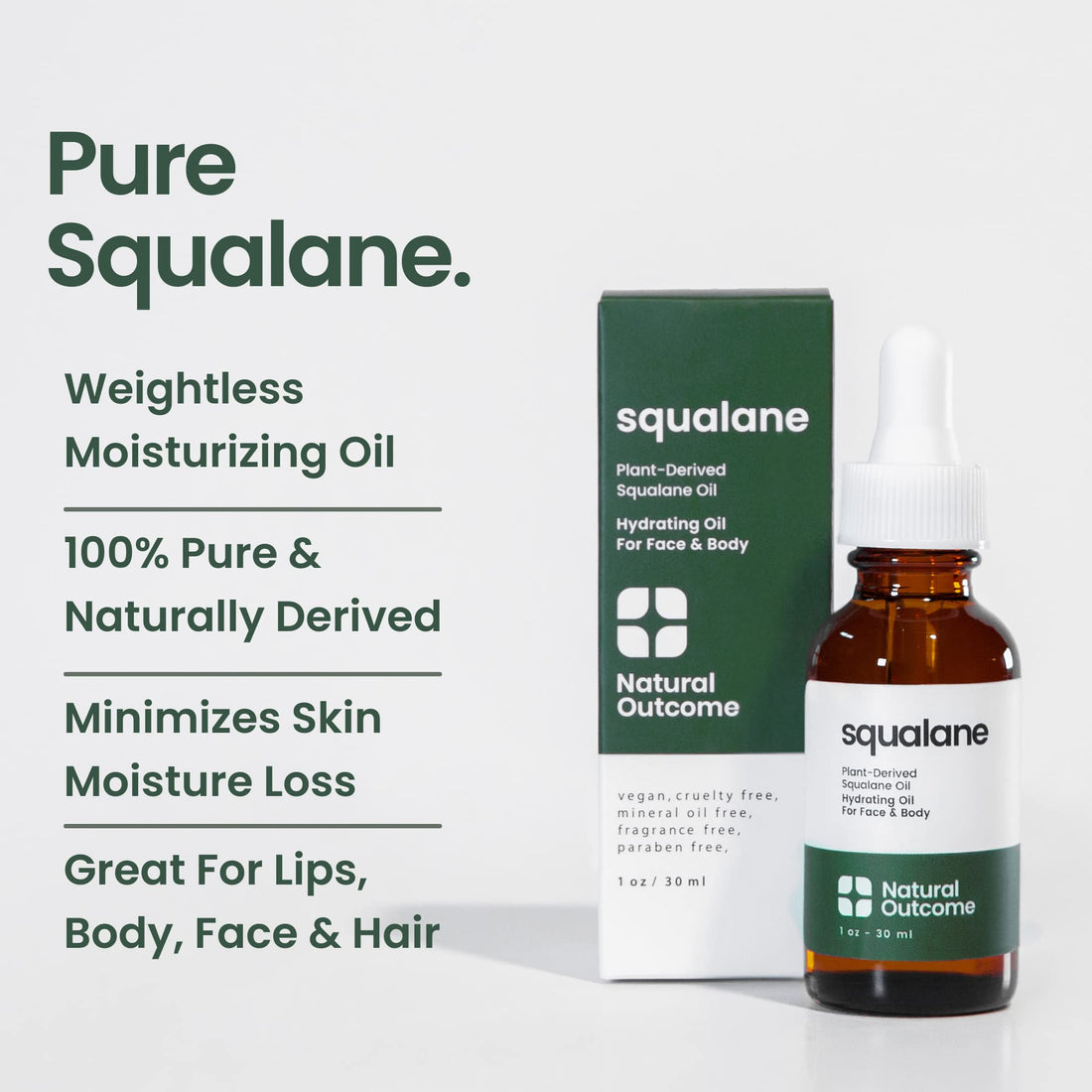 natural outcome Pure Squalane Oil l 100% Plant Derived Squalane Oil for Face, Body, Hair & Lips I Weightless Moisturizing Oil Firms Skin, Reduces Fine Lines & Enhances Skin Elasticity I 1 oz