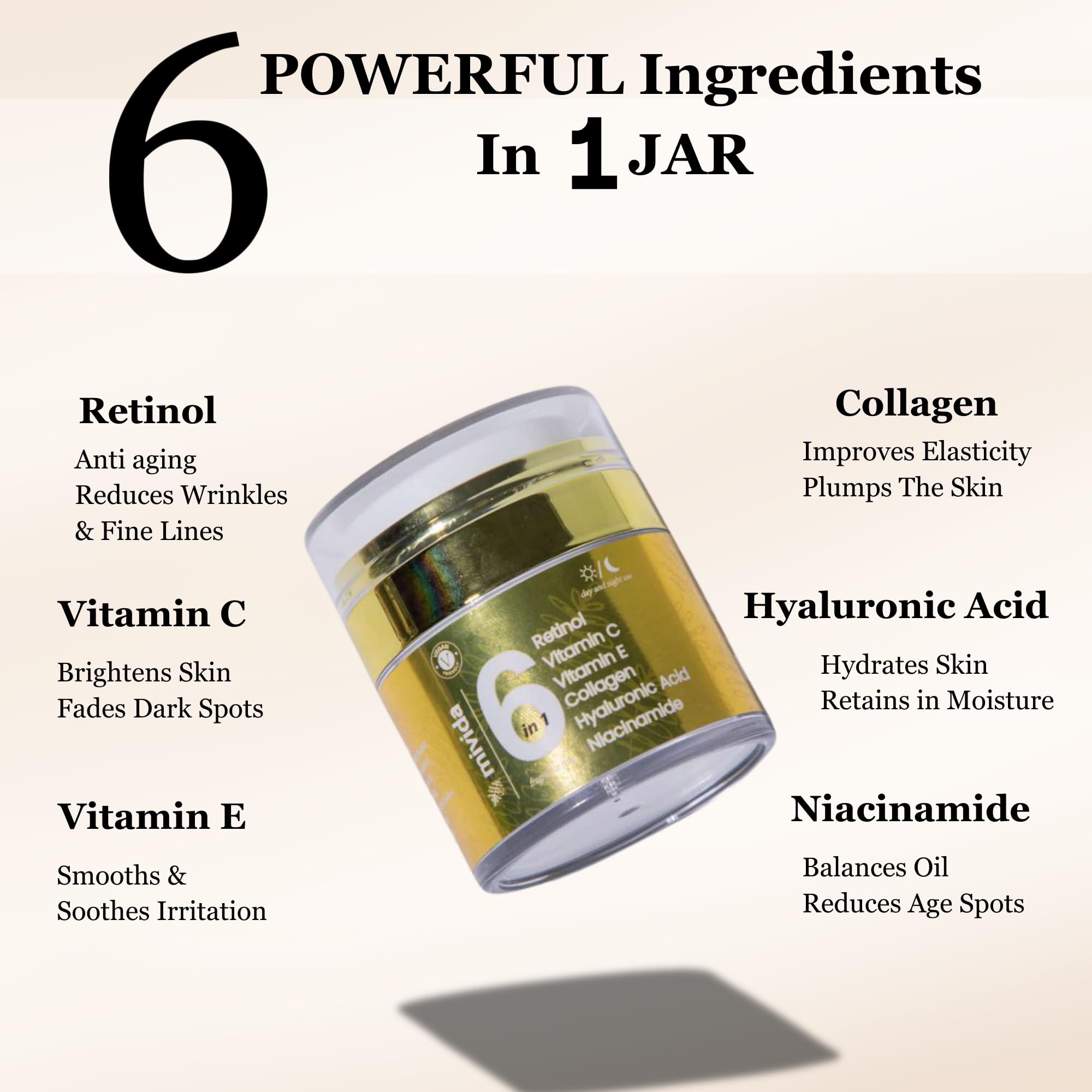 mivida Advanced Retinol Cream for Face & Neck | 6-in-1 Anti-Aging Moisturizer with Collagen, Hyaluronic Acid, Vitamin C & E | Firming, Hydrating, Wrinkle-Reducing | Daily Face Cream - 1.7 fl oz