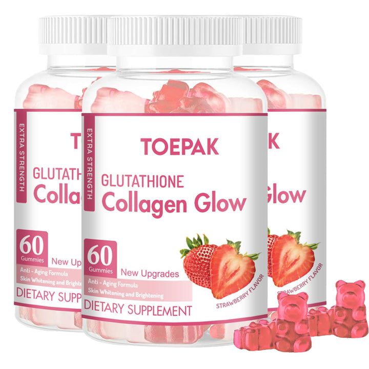 Multi Collagen Protein Glow Beauty Collagen Gummies, Women's Anti-Aging Support with Glutathione, Biotin & Multivitamins, Promotes Skin & Hair Health, Strawberry, 180 Gummies (90 Days)