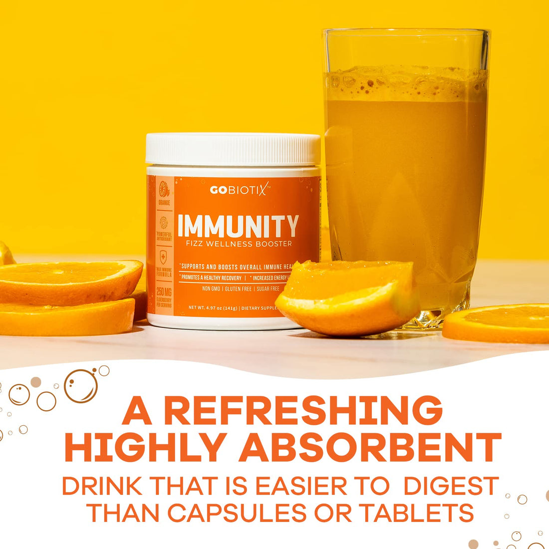 GOBIOTIX Vitamin C - Immune Defense Support Supplement - Immunity Powder Wellness Booster - Vegan Superfood - Elderberry, Turmeric, B12 Vitamin Supplement, Non-GMO and Sugar Free (Orange)