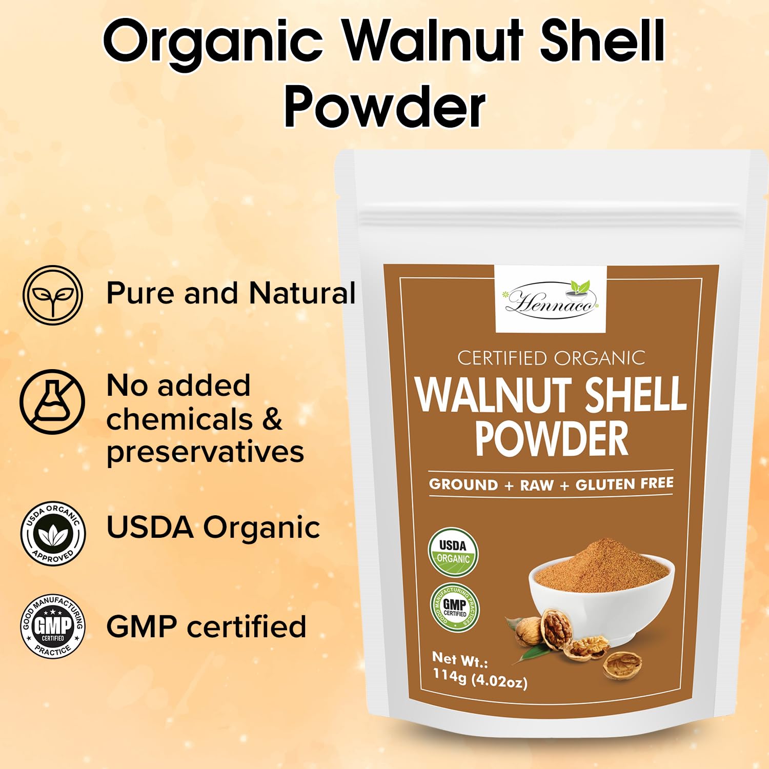 hennaco Organic Walnut Shell Powder| Natural Exfoliant | Resealable Zip Lock Pouch | USDA Organic| Pure & Natural Powder for Skin | Suitable for Face, body, & Foot Scrub | 114 Grams (4 OZ)