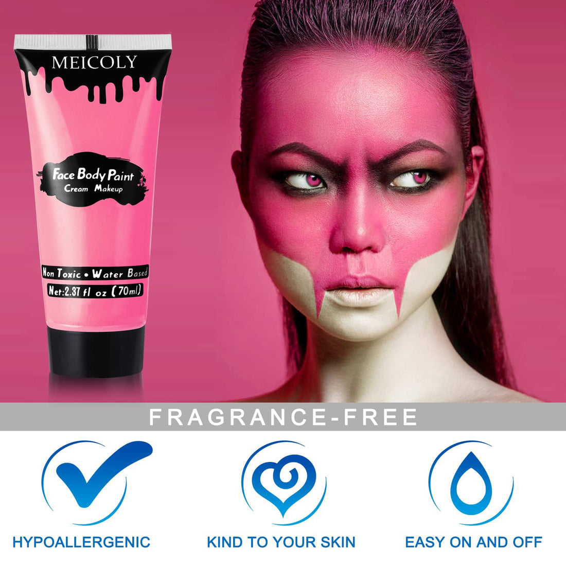 MEICOLY Pink Halloween Face Body Paint, 2.37Oz Large Tube Water Based Non-Toxic Body Paint for Adult Children,Highly Pigmented Face Painting for SFX Special Effects Cosplay Makeup