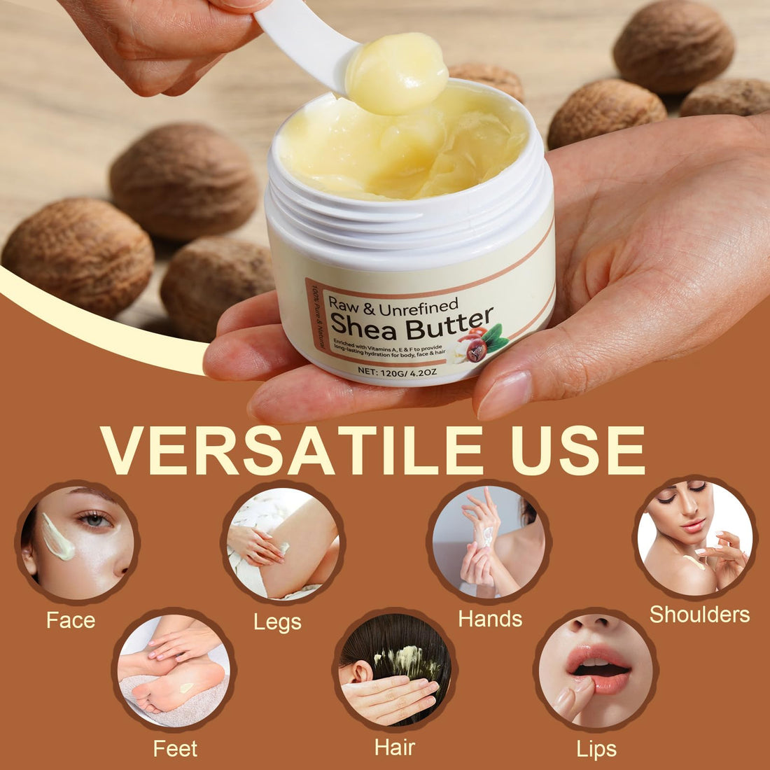 Organic Shea Butter, Raw & Unrefined Shea Butter for Body, Face & Hair, Pure Shea Butter with vitamins A, E & F, Long-Lasting Hydration for Dry Skin, Hair Care, DIY Lip Balm, Natural Moisturizer