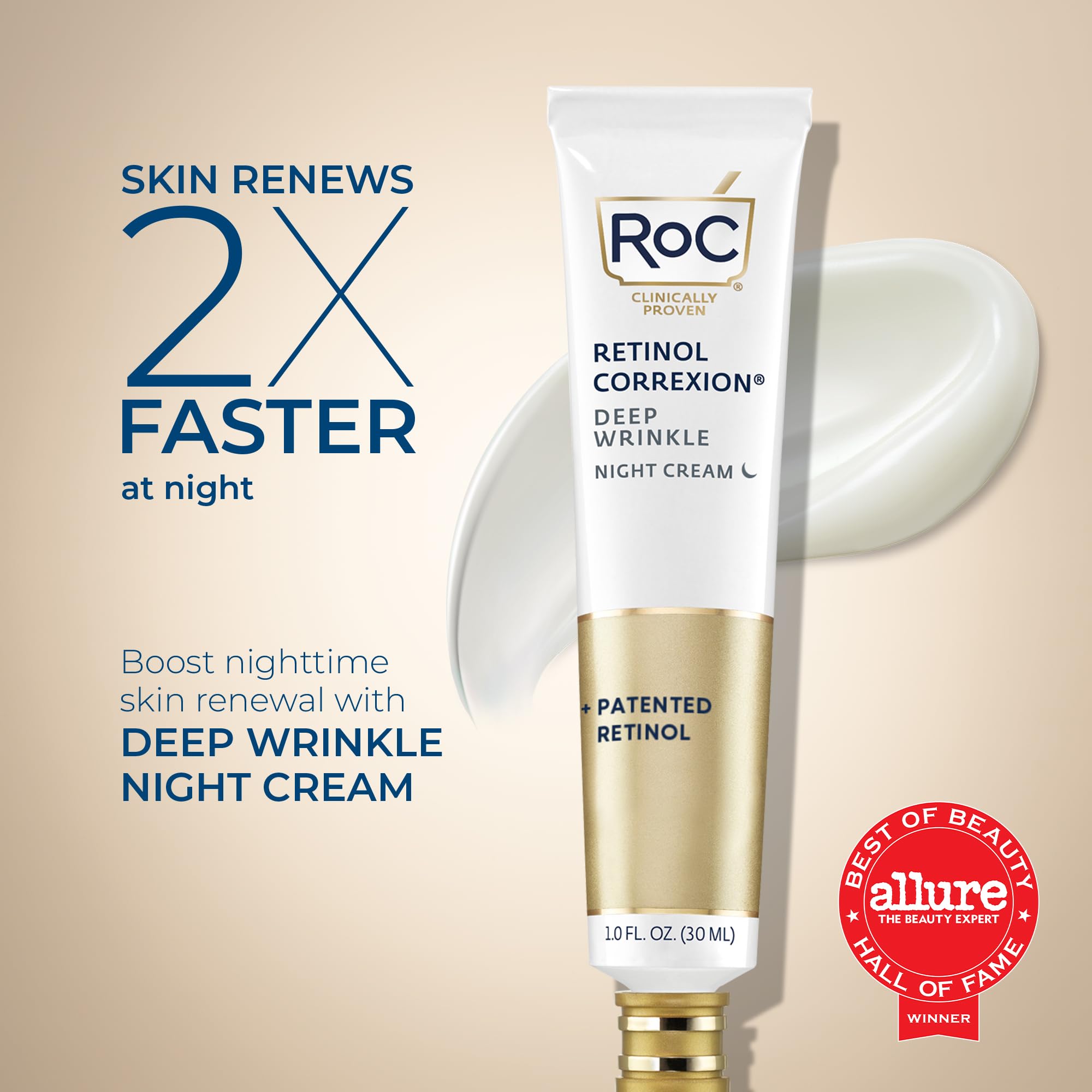 RoC Retinol Correxion Deep Wrinkle Anti-Aging Night Cream, Daily Face Moisturizer with Shea Butter, Glycolic Acid and Squalane, Stocking Stuffers for Men & Women, 1 Ounces (Packaging May Vary)