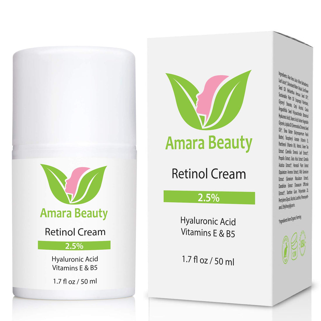 Amara Organics Retinol Cream for Face 2.5% with Hyaluronic Acid & Vitamins E & B5, 1.7 fl. oz