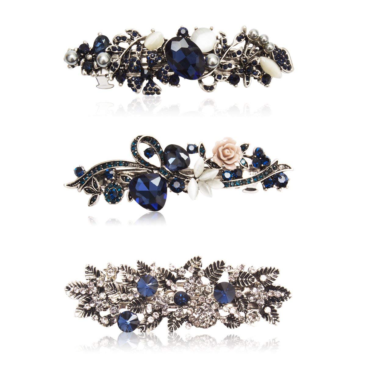 Kicosy Barrettes for Women 3 Pack Vintage Shining Rhinestone Hair Barrettes Metal Flower Butterfly French Clip Faux Crystal Hair clip Spring Hair Barrette,Black and Navy Blue