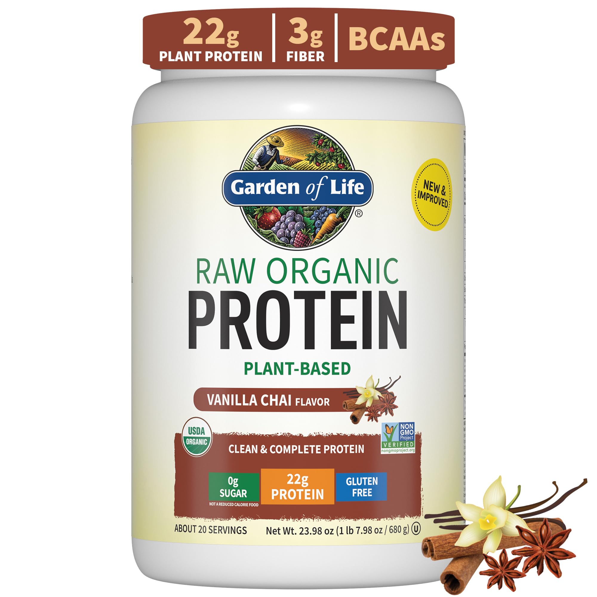 Garden of Life Raw Organic Protein Vanilla Chai Powder, 20 Servings, Certified Vegan, Gluten Free, Organic & Non-GMO, Plant Based Sugar Free Protein Shake, Probiotics & Enzymes, 4g BCAAs, 22g Protein