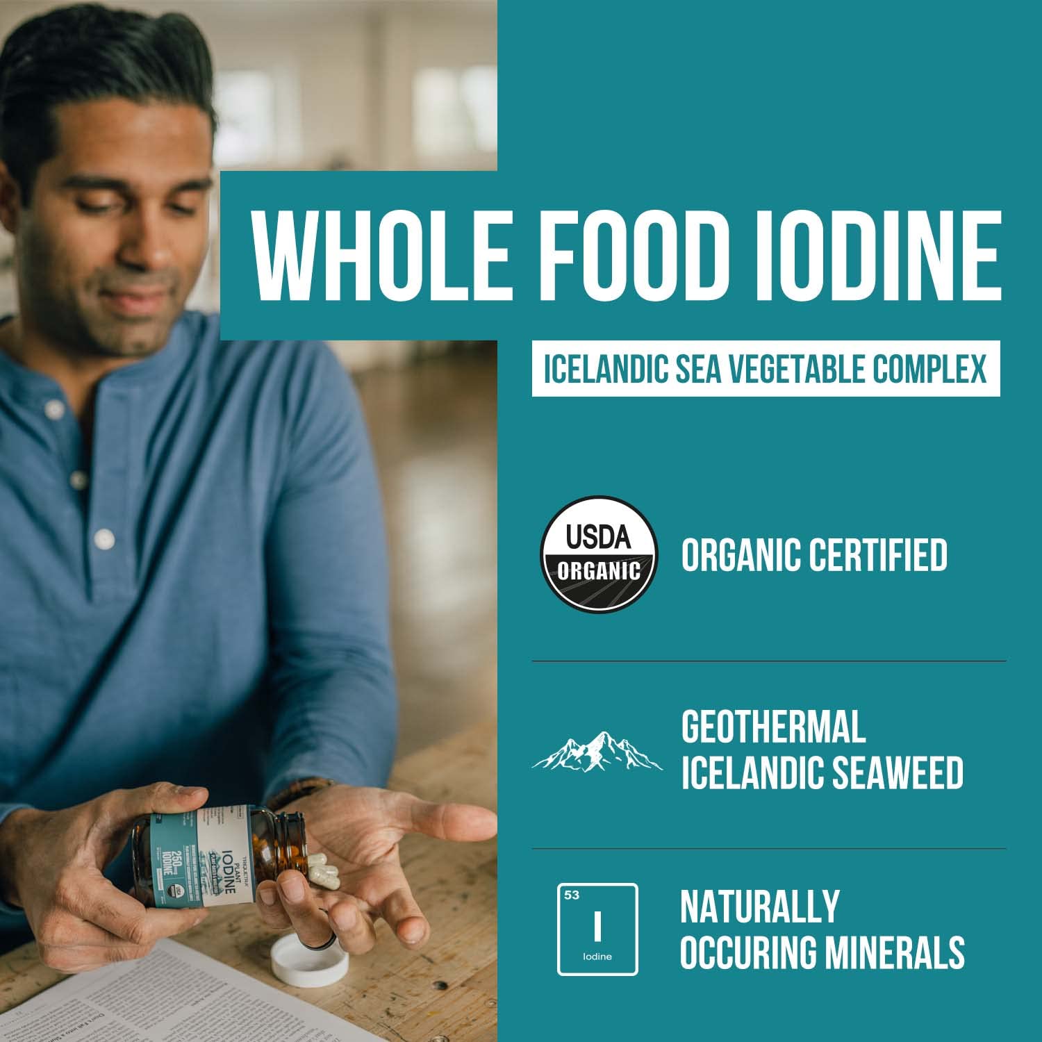 Organic Iodine Supplement from Sea Vegetable Complex, Whole Food & Raw Form - Iodine Plus Trace Mineral Complex – Contains Purest Icelandic Sea Kelp, Irish Moss & Bladderwrack (250 mcg)