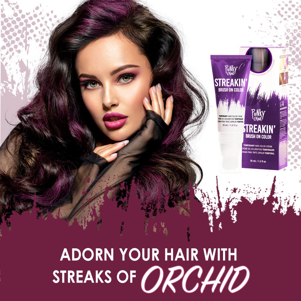 Punky Colour Streakin' Brush on Color Orchid, Temporary Hair Color Creme, Instant, DIY Hairstyle, Vibrant, Soft Hold, Men Women Kids, Easy-Squeeze Tube, 1.2 fl oz