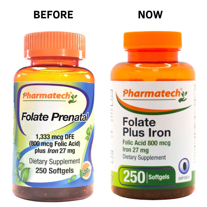 PHARMATECH Folic Acid 800 mcg Plus Iron 27 mg Supplement for Women, Vitamin B9, Folate Prenatal, Fast Absorption, Made in USA, 250 Softgels