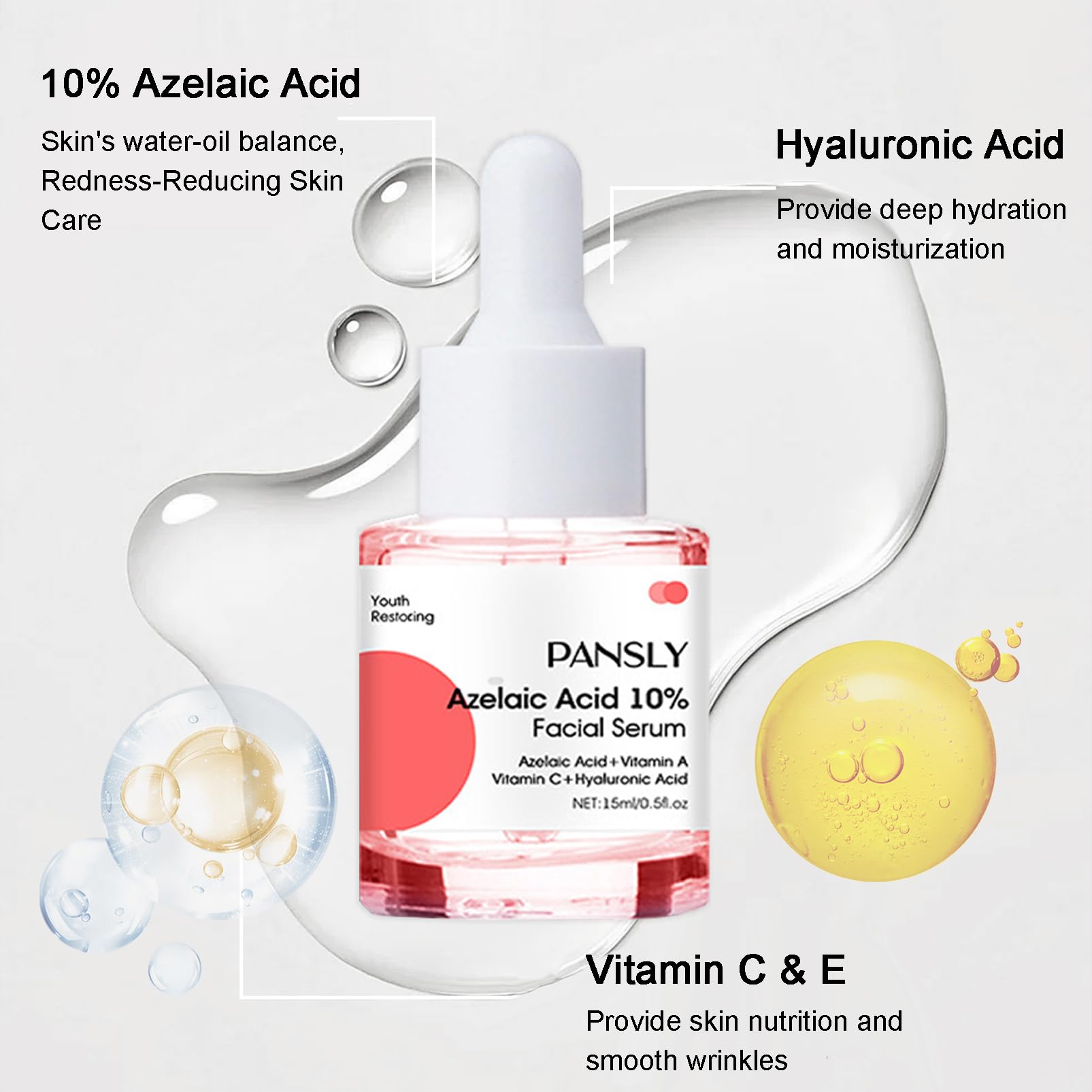 Azelaic Acid Serum, Azelaic Acid 10% Facial Serum, Skin Hyaluronic Acid Serum for Face, Redness-Relief for Face, Redness Reducing Skin Care, Balance Excess Sebum, 0.5oz