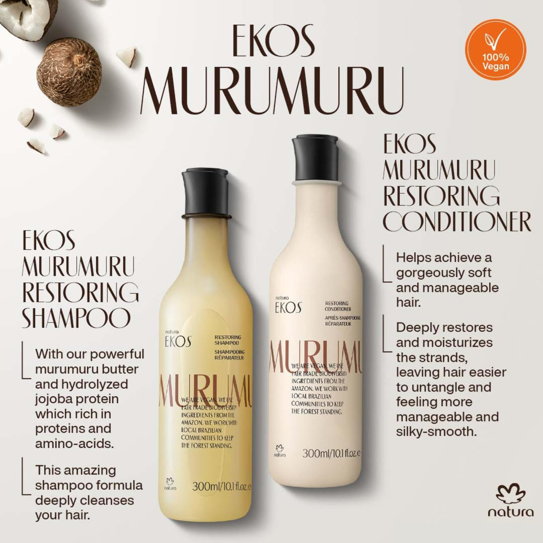 natura - Ekos Murumuru Restoring Conditioner Refill - Anti-Damage - Cleanse & Moisturize Hair - Combat Dryness - Vegan Hair Care - Brazilian Beauty Secrets - Personal & Self Care - 10.1 fl oz (300ml)
