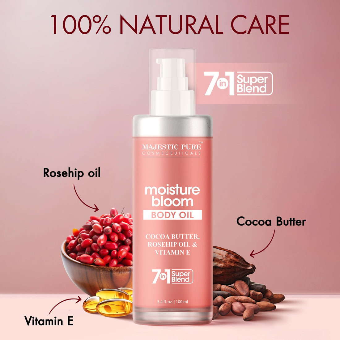 Majestic Pure Moisturizing Body Oil |100% Pure & Natural with Cocoa Butter, Rosehip, Vitamin E | After Shower Body Oils for Women and Men | Scented Radiant Skin Therapy Firming Massage Oil | 3.4 Fl Oz