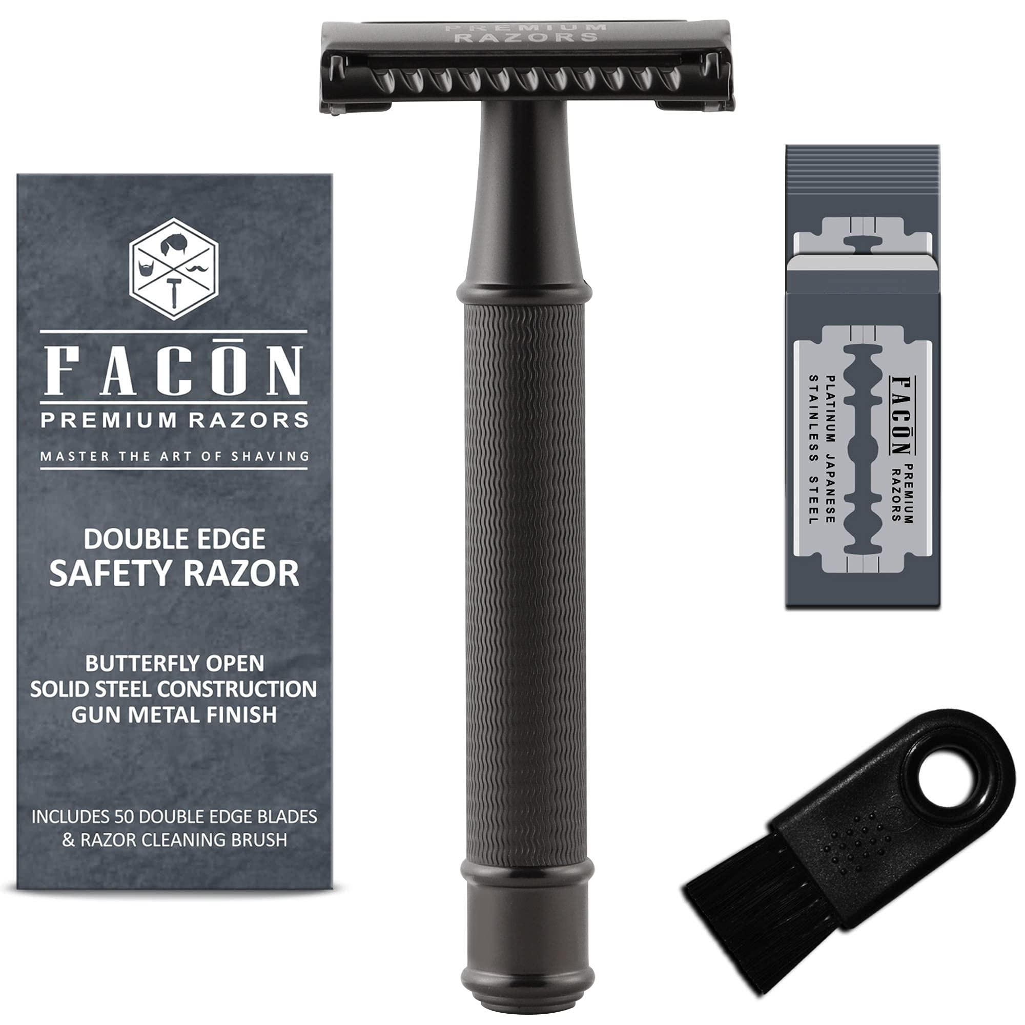 50 BLADES + Facón Vintage Long Handle Double Edge Safety Razor - Platinum Japanese Stainless Steel Blades - Butterfly Open Shaving Razor for Smooth Wet Shaving Experience - 200+ Shaves