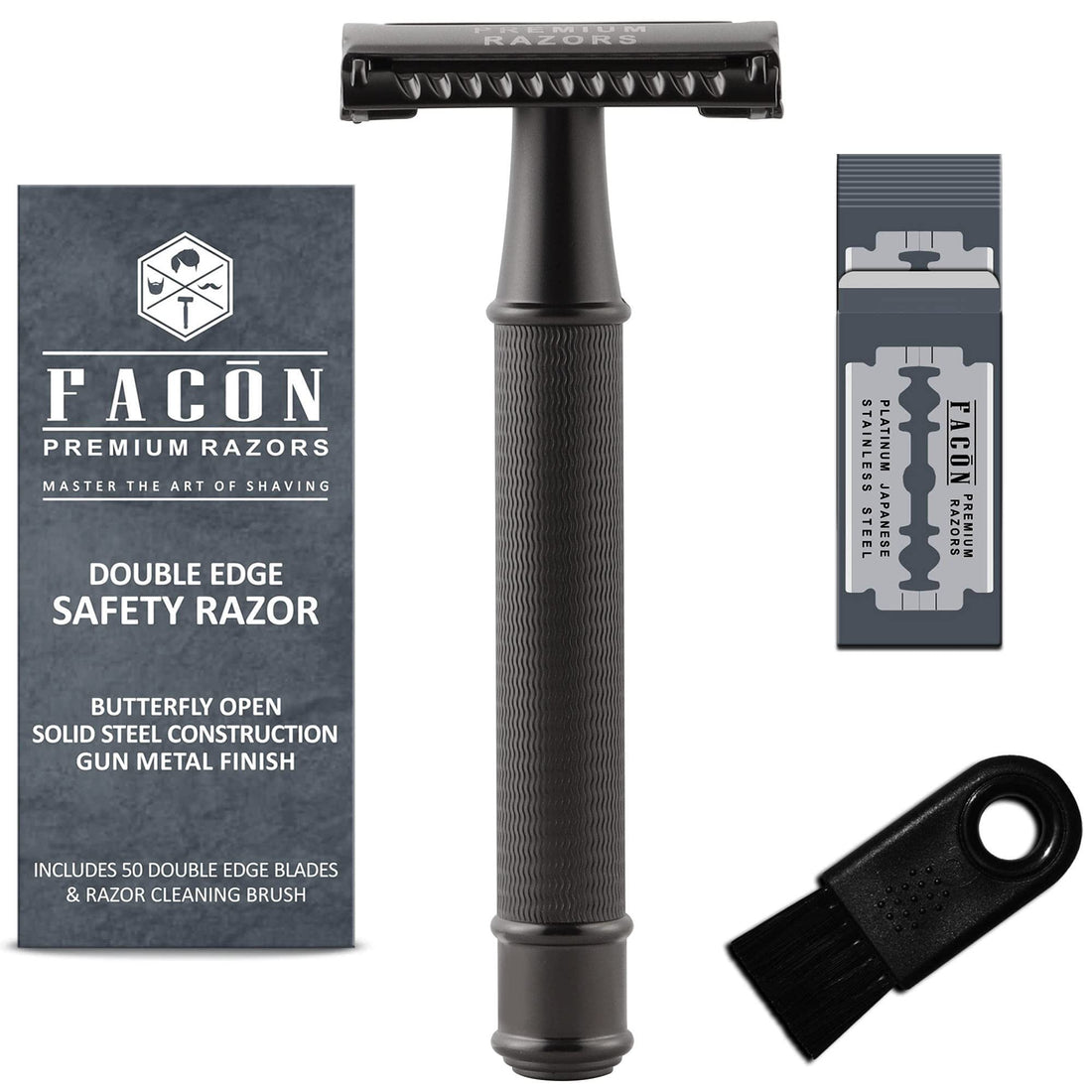 50 BLADES + Facón Vintage Long Handle Double Edge Safety Razor - Platinum Japanese Stainless Steel Blades - Butterfly Open Shaving Razor for Smooth Wet Shaving Experience - 200+ Shaves