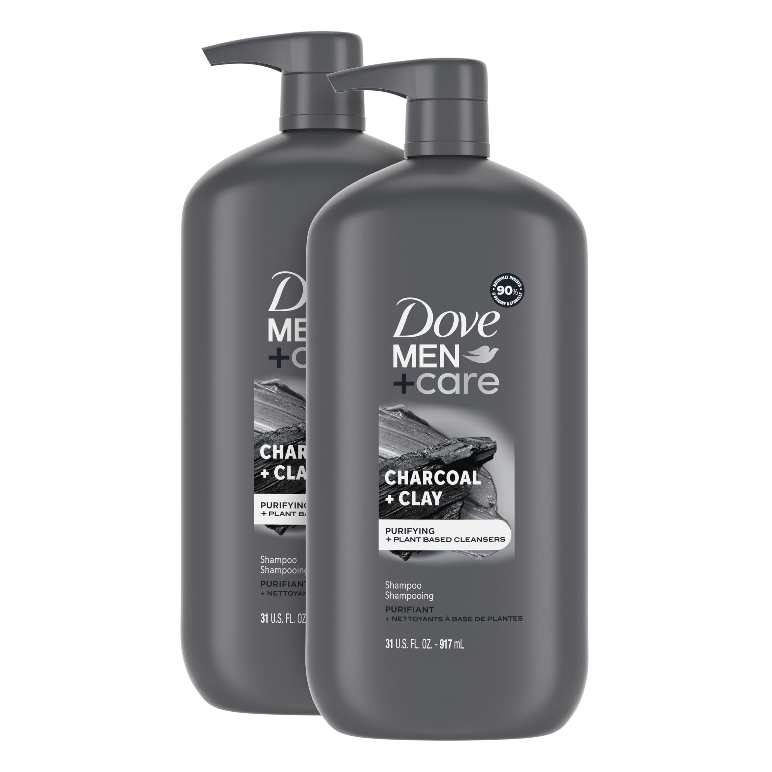 DOVE MEN + CARE Purifying Shampoo Charcoal + Clay 2 Pk for Stronger, More Resilient Hair, with Plant-Based Cleansers, 31 oz
