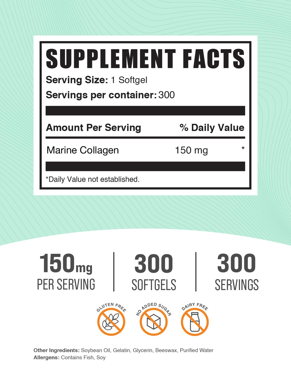 BulkSupplements.com Marine Collagen Softgels - Collagen Supplement, Collagen for Women & Men, 150mg of Collagen - Gluten Free, 1 Softgel per Serving, 300 Count (Pack of 1)