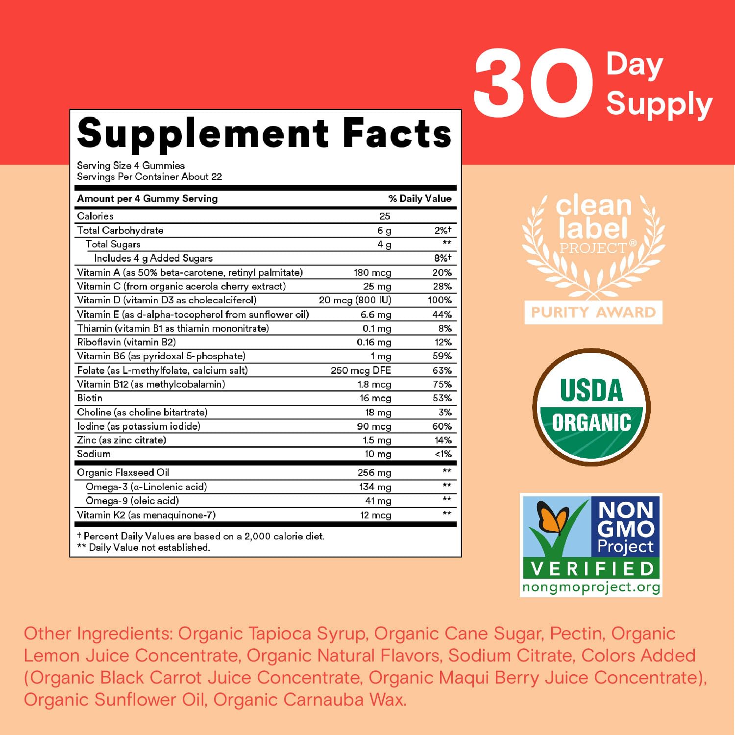 SmartyPants Organic Kids Multivitamin Gummies: Omega 3 (ALA), Vitamin D3, C, Vitamin B12, B6, A, K & Zinc for Immune Support, Biotin, Vegetarian, Three Fruit Flavors, 120 Count (30 Day Supply)