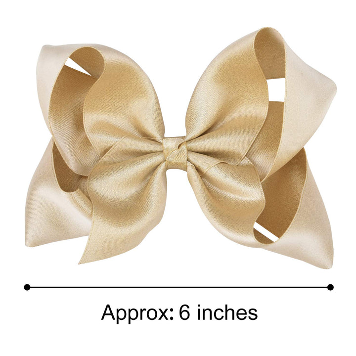 DEEKA 2 PCS 6 Big Hand-made Shiny Glitter Ribbon Hair Bows Alligator Clips Hair Accessories for Little Teen Toddler Girls Kids Set of 2 -Light Gold