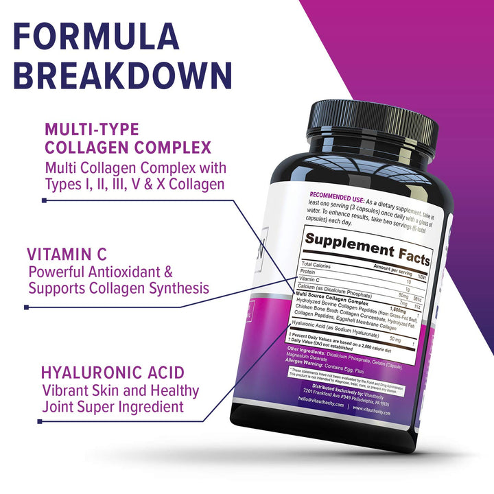 Vitauthority Multi Collagen Pills for Women and Men High Absorption Hydrolyzed Peptides Capsules for Hair Skin and Nails with Types I II III V X Hyaluronic Acid and Vitamin C - 60 Servings