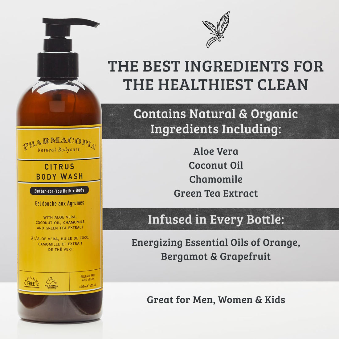 Pharmacopia Citrus Body Wash - Natural Shower Gel, Moisturizing and Nourishing Body Cleanser - Infused with Organic Aloe Vera, Coconut Oil, and Green Tea Extract - Vegan and Cruelty-Free, 16 oz
