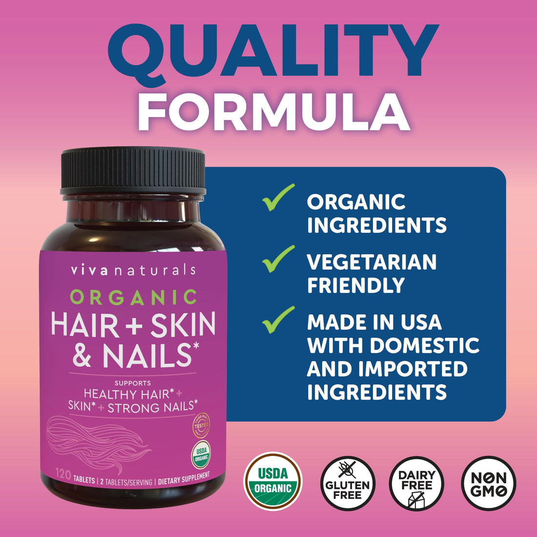 Organic Hair Skin and Nails Vitamins for Women with Biotin 5000mcg and Vitamin E, Vegetarian-Friendly Supplements That Help Produce Keratin -120 Count