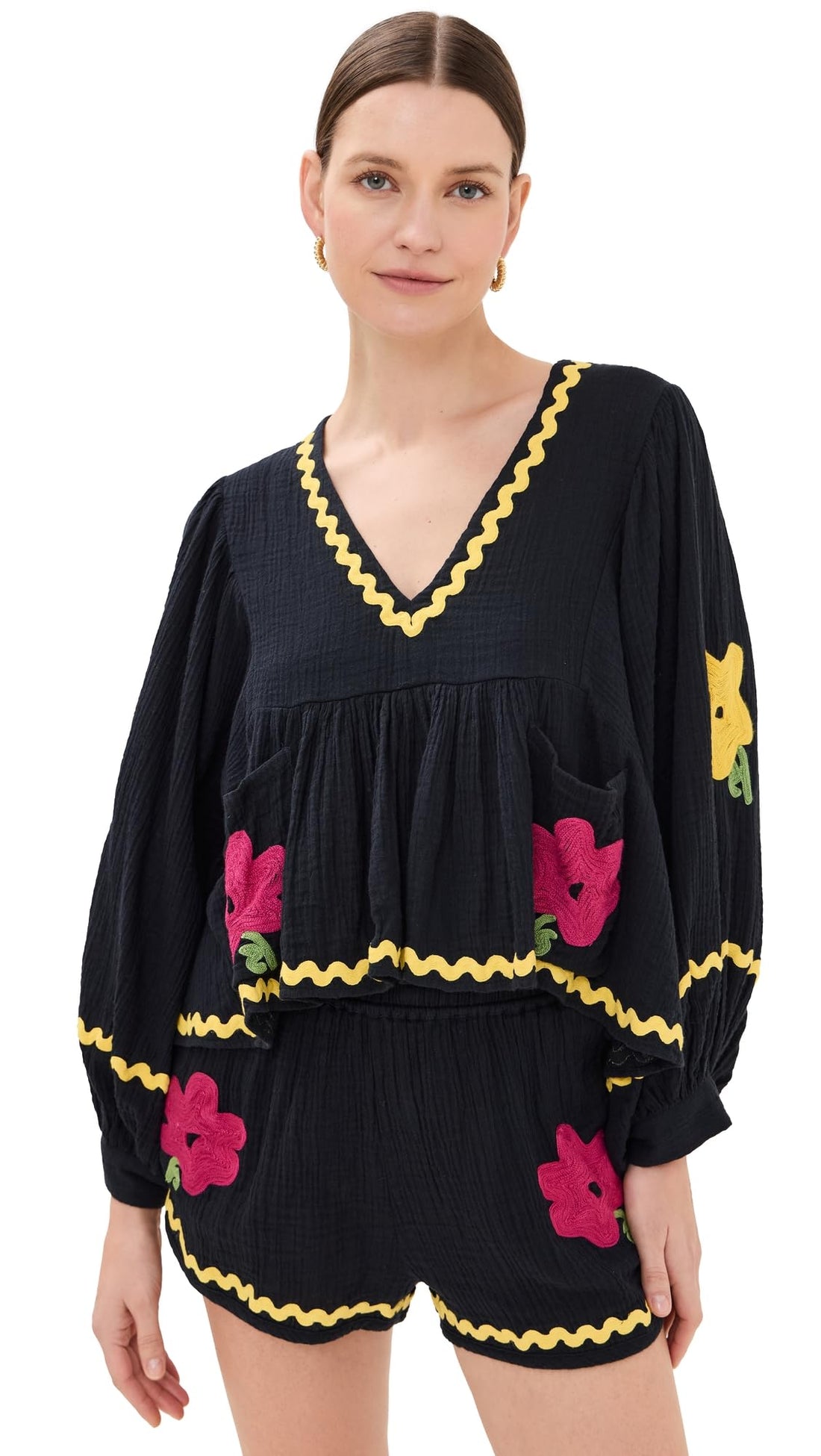 Rhode Women's Renata Top, Casablanca Blossom Embroidery, Blue, Floral, M-L